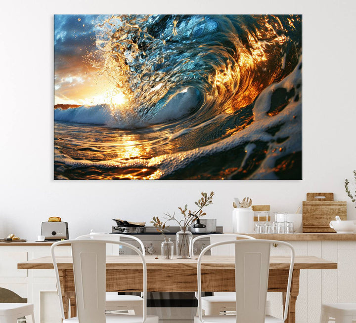 The Ocean Wave at Sunset canvas captures fiery waves with golden and blue hues, making it a perfect addition to nautical-themed decor.