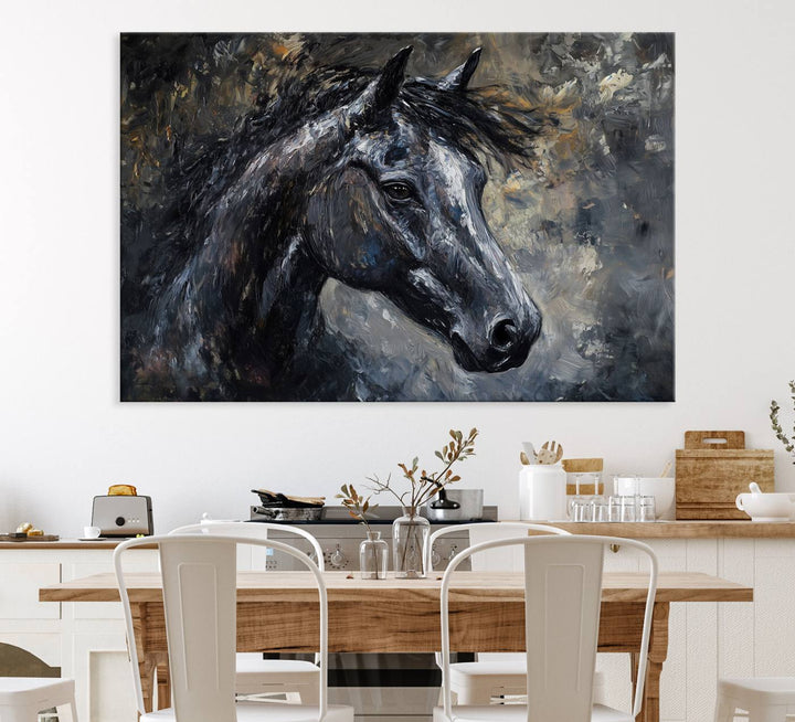 Abstract Horse Wall Art Canvas: A dark horses head and flowing mane set against a textured, muted background.