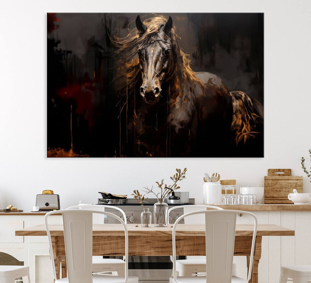 Abstract Black Horse Canvas Print – Featuring an equine spirit with a flowing mane on a dark background, perfect as farmhouse wall art.