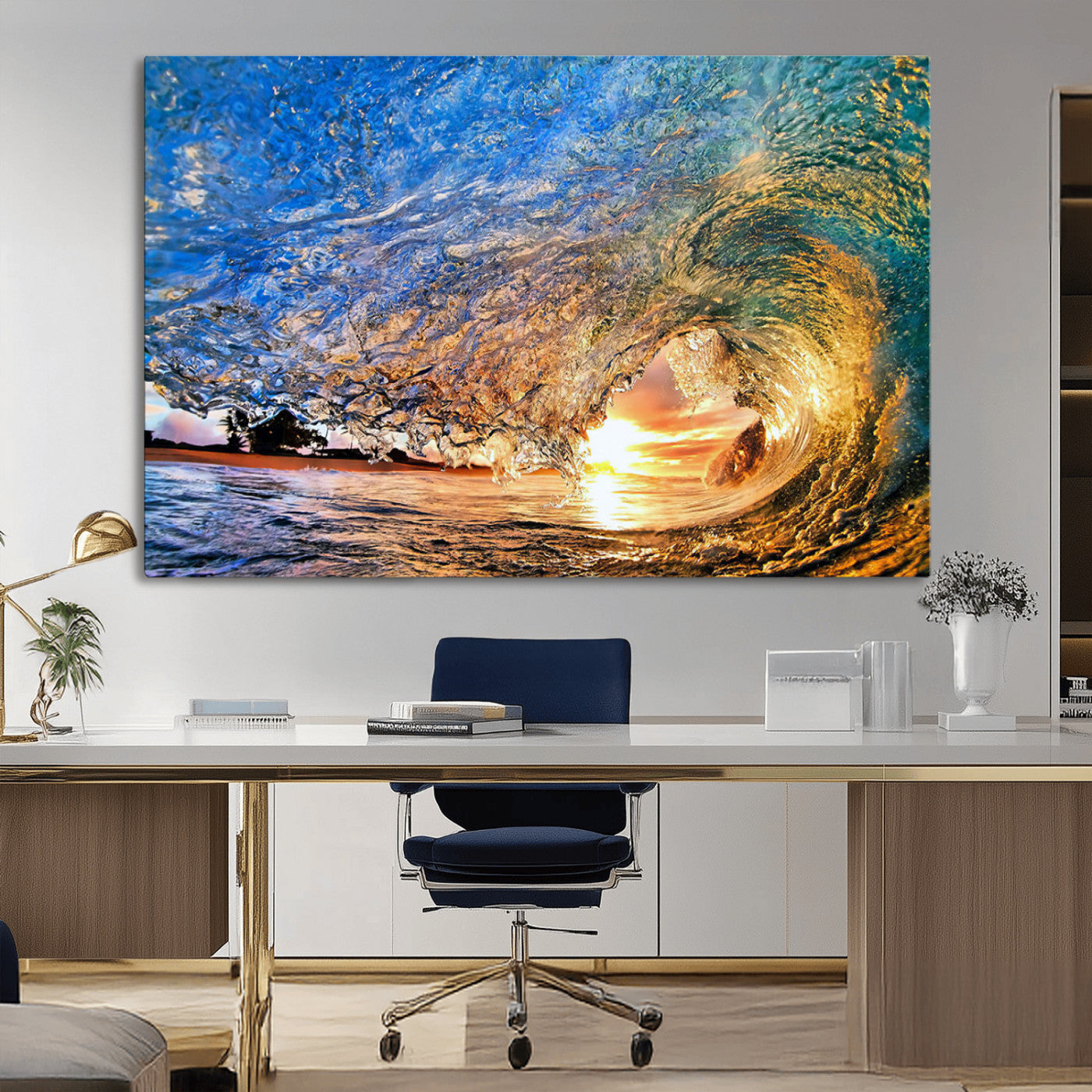 MGV-CV-36X24 - Ocean Wave at Sunset Canvas Wall Art – Vibrant Coastal Beach Waves Print, Large Nautical Decor,
