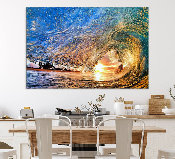 The Ocean Wave at Sunset Canvas Art captures vibrant coastal colors, perfect for nautical decor.