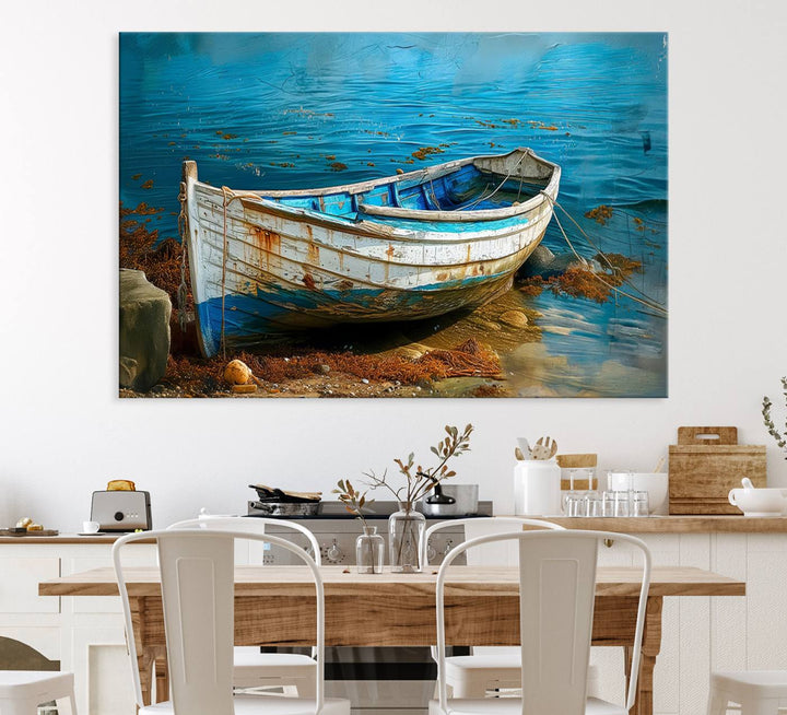 Vintage Boat on Tranquil Waters | Coastal Wall Art for Nautical Decor | Rustic Triptych Canvas Print | Beach House Art for Coastal Home Decor