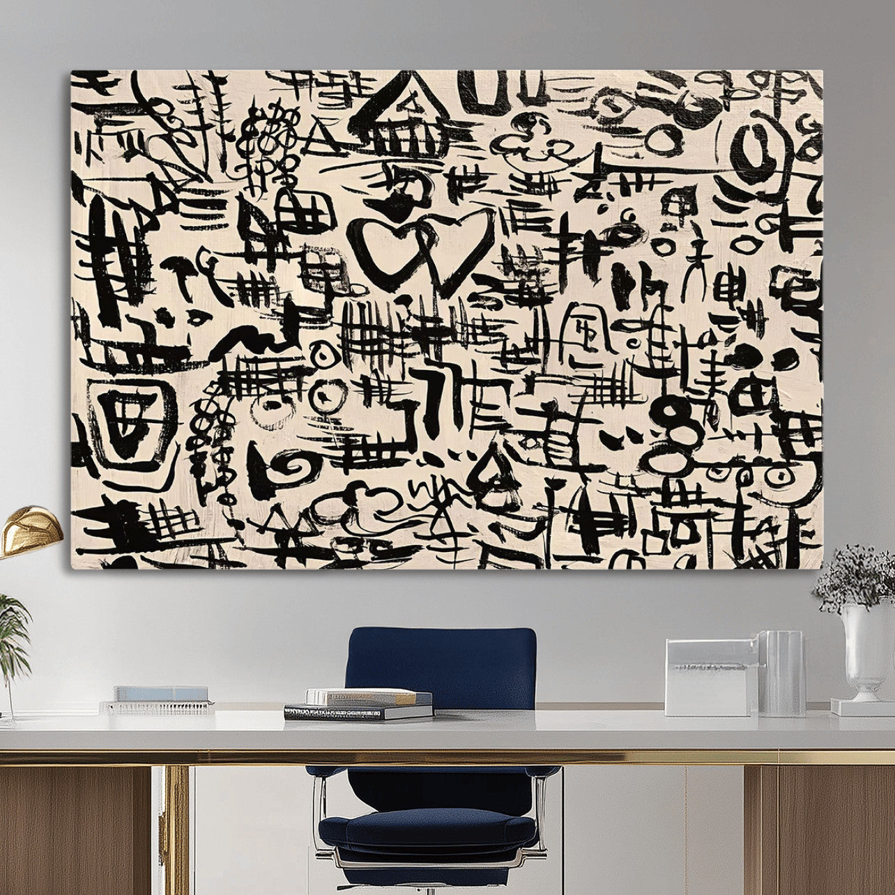 68273-MGV-CV-36X24 - Abstract Love and Chaos Canvas Print, Black Symbols on Beige