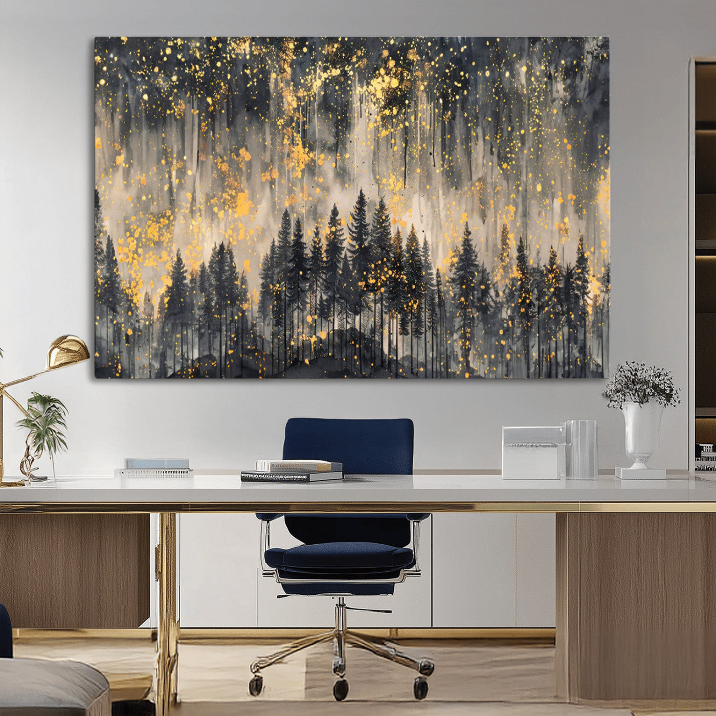 MGV-CV-36X24 - Golden Forest Abstract Wall Art | Dark Forest with Gold Splatter Accents | Triptych Ready to Hang