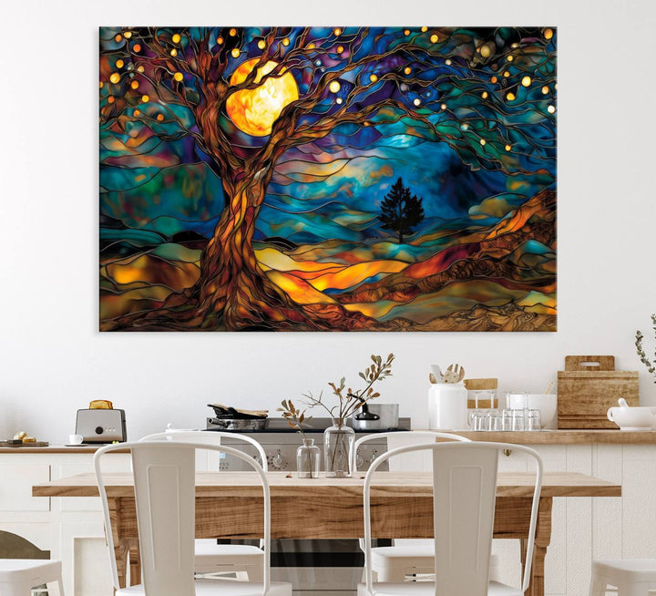 The vibrant Yggdrasil Tree of Life Wall Art depicts a moonlit tree.