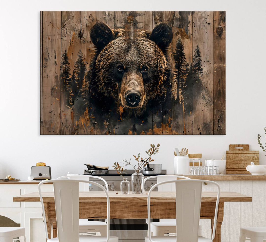 Rustic Grizzly 399 Wall Art is showcased against wood panels with forest silhouettes.