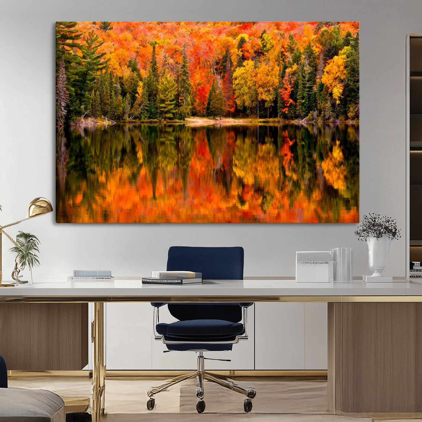 MGV-CV-36X24 - Forest Reflection Art | Autumn Forest Reflection Wall Art | Triptych Canvas Print | Vibrant Fall