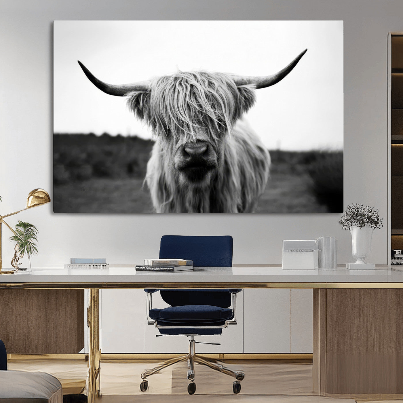 MGV-CV-36X24 - Highland Cow Wall Art | Black and White Farmhouse Decor | Triptych Canvas Print | Rustic Barn Decor