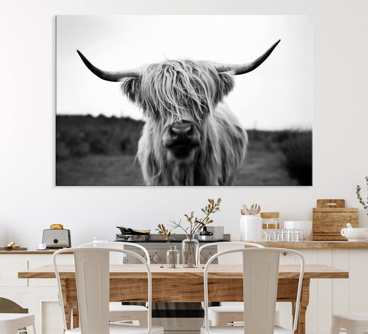 Highland Cow Wall Art: A black and white triptych canvas print, ideal for enhancing farmhouse or rustic barn decor.