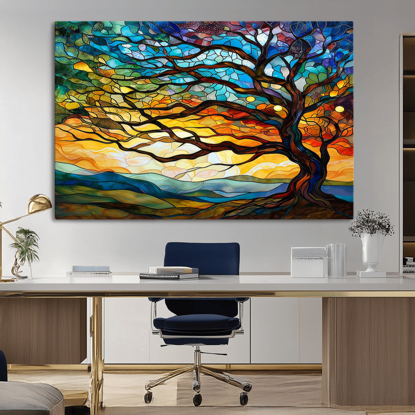 MGV-CV-36X24 - Vibrant Mosaic Tree of Life Wall Art | Stained Glass Style Canvas Print | Ready to Hang Artistic