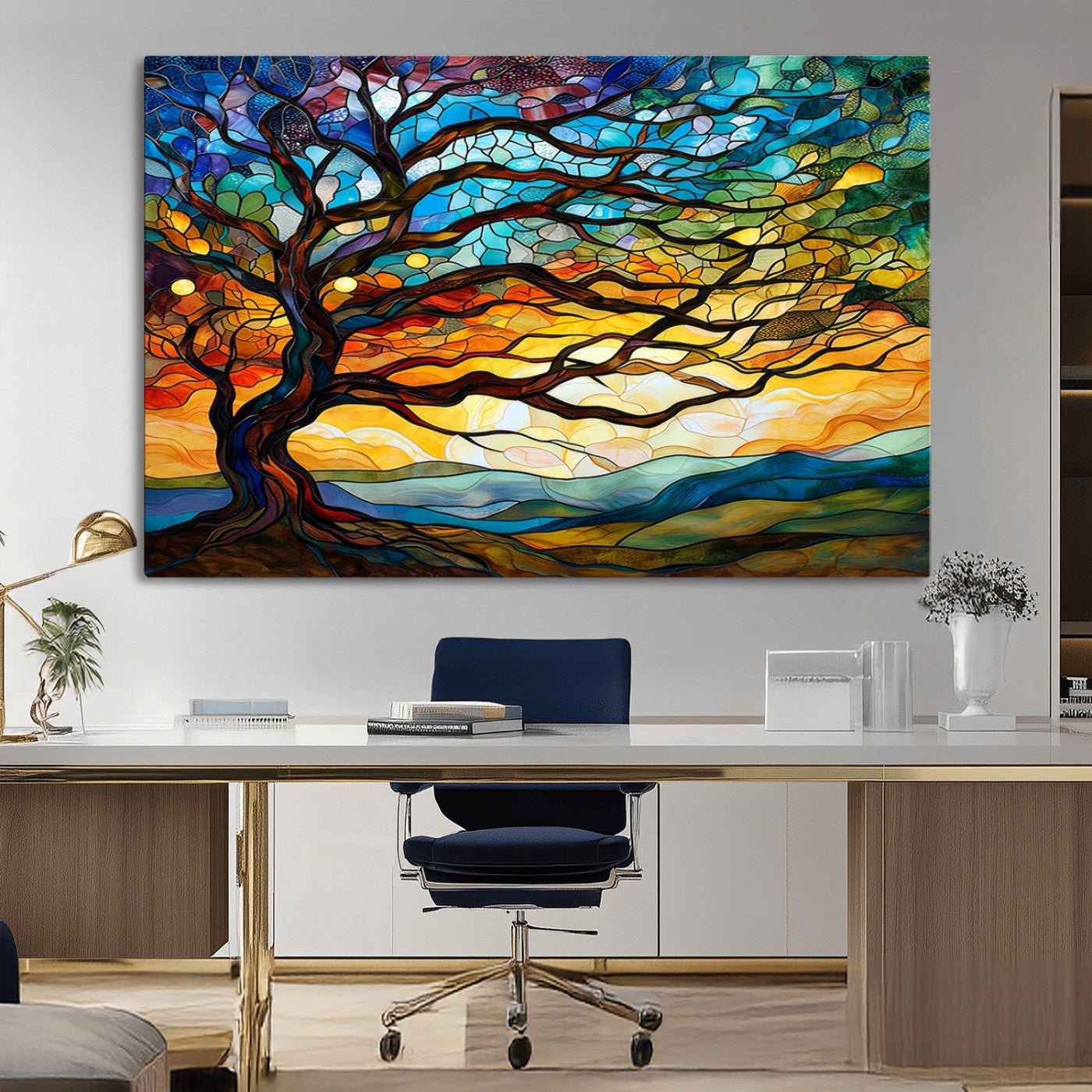 MGV-CV-36X24 - Mosaic Tree Wall Art | Ready to Hang Stained Glass Style Canvas Print | Farmhouse Wall Decor, Cabin