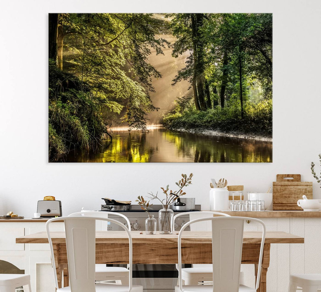 Forest Wall Art Print: A river landscape bathed in sunlight, perfect for rustic decor or as wall art for farmhouses and cabins.