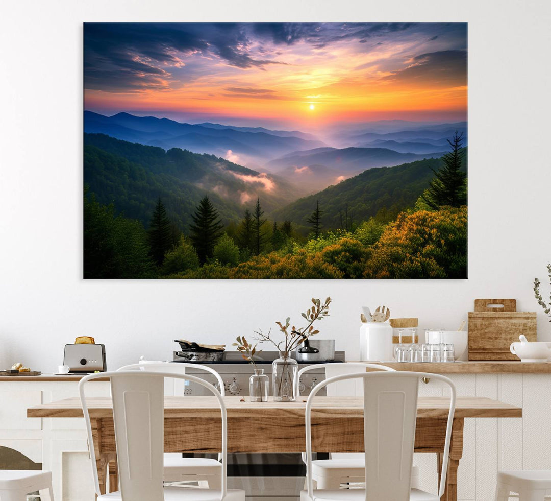 The Majestic Mountain Sunrise Print features a vibrant sky, layered hills, and evergreens, making it a stunning piece of wall decor.