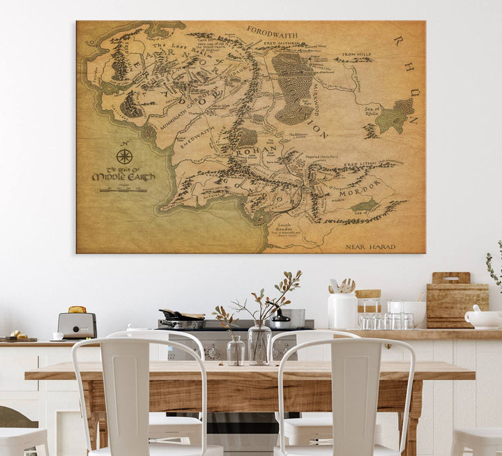 J.R.R. Tolkien's Middle-Earth World Map 3 Panel Wall Art Canvas Print | Vintage Map Wall Art for Living Room or Office | Large Framed Gallery Wrap