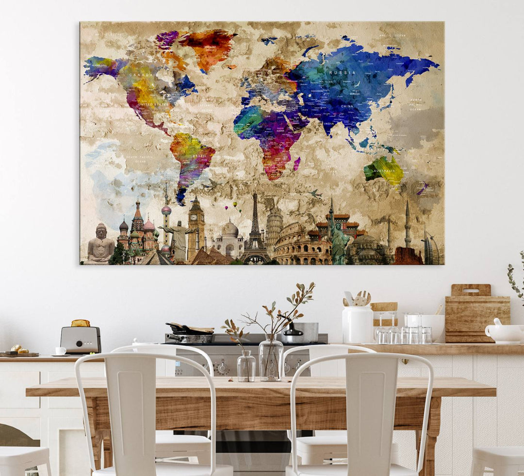 Artistic world map featuring landmarks like the Eiffel Tower, printed on premium wall art for office or living space.