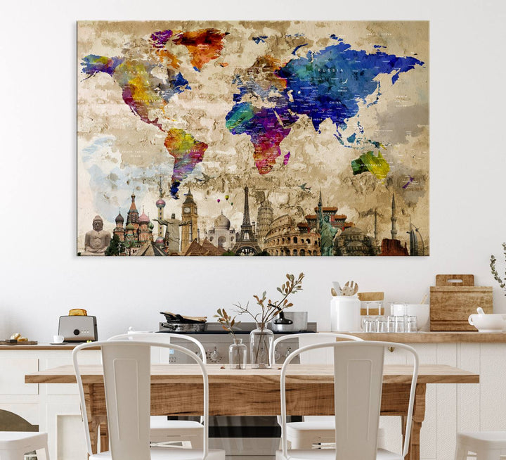 Artistic world map featuring landmarks like the Eiffel Tower, printed on premium wall art for office or living space.