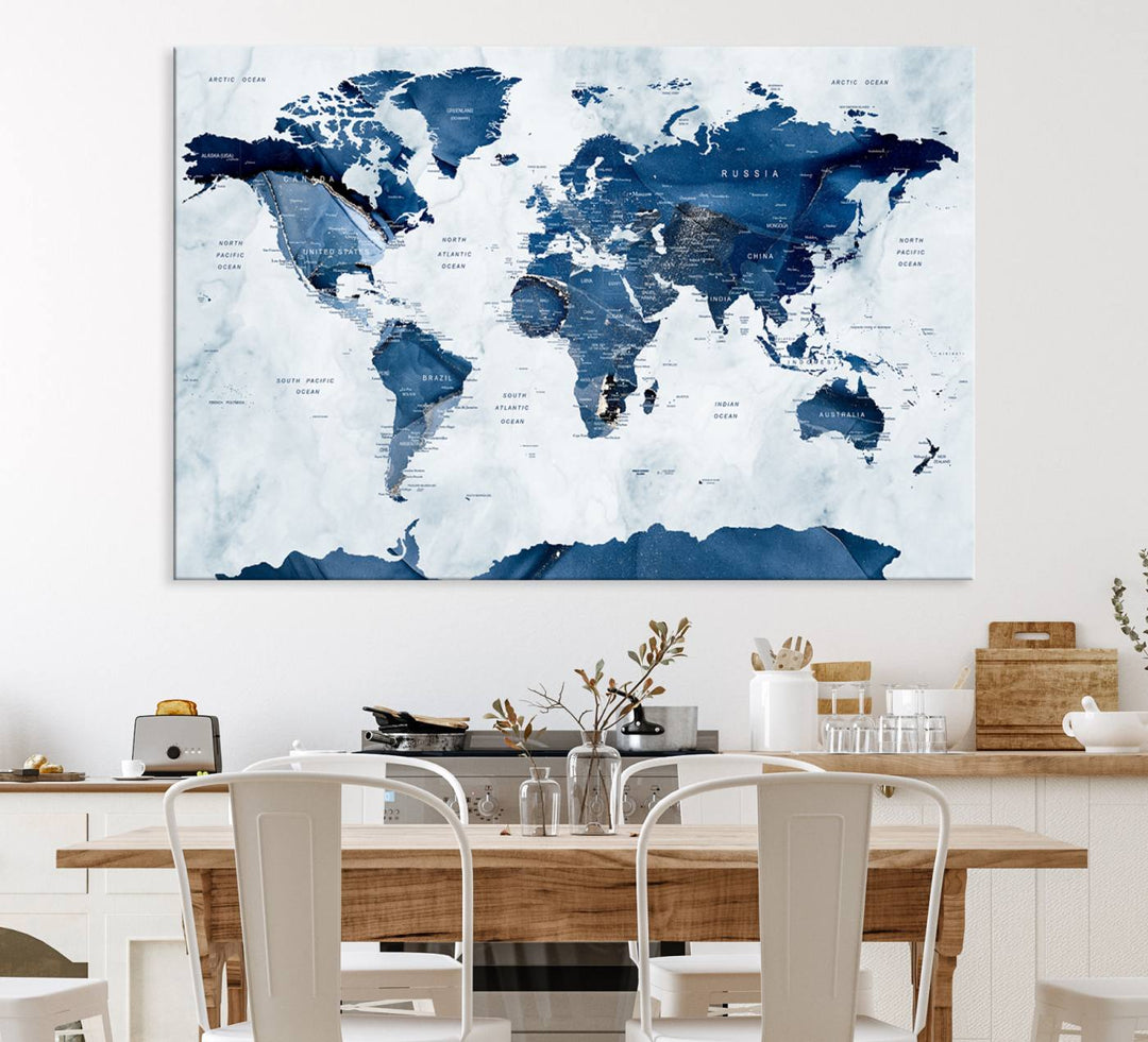 Navy Blue World Map with Antarctica Canvas: A perfect abstract home decor piece featuring a grunge-stained background.