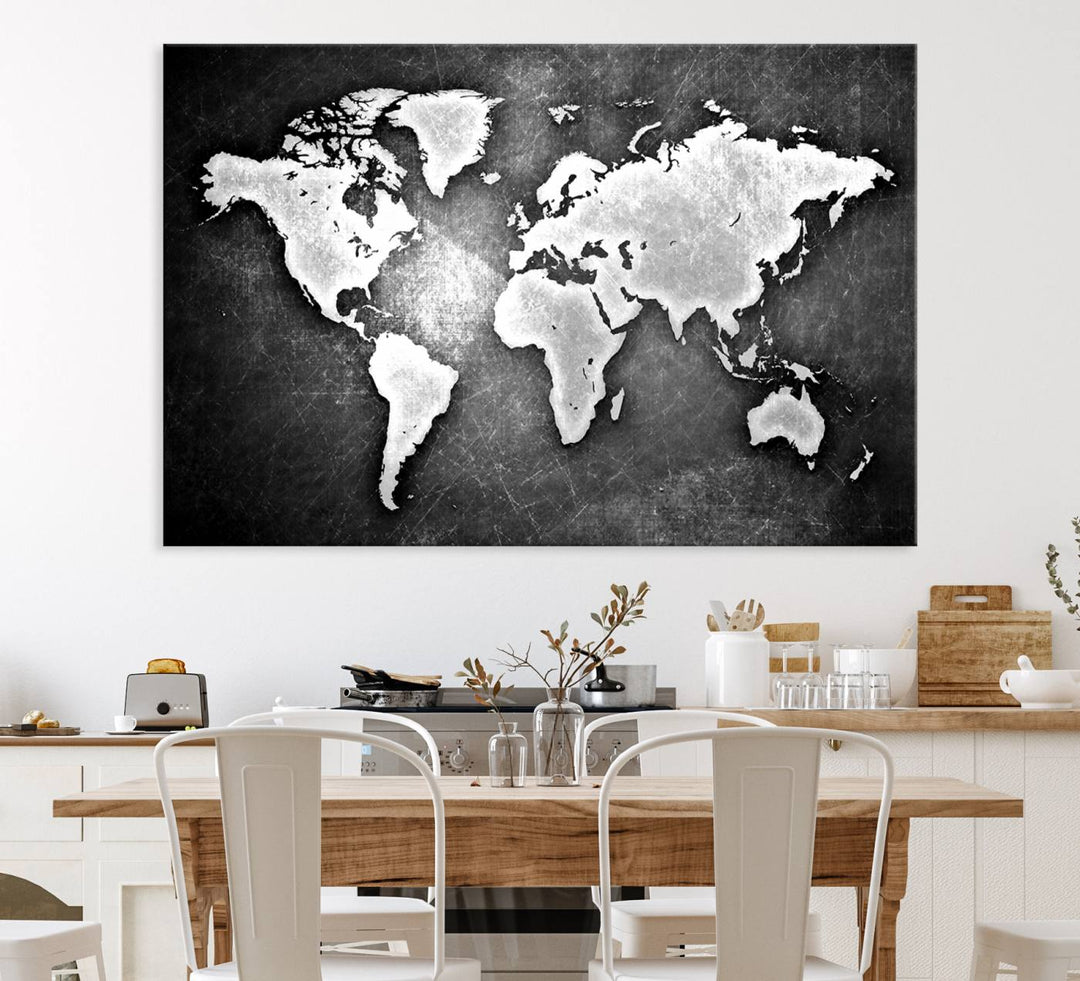 Black & White 3-Panel Framed World Map Canvas Art with Grunge Design.