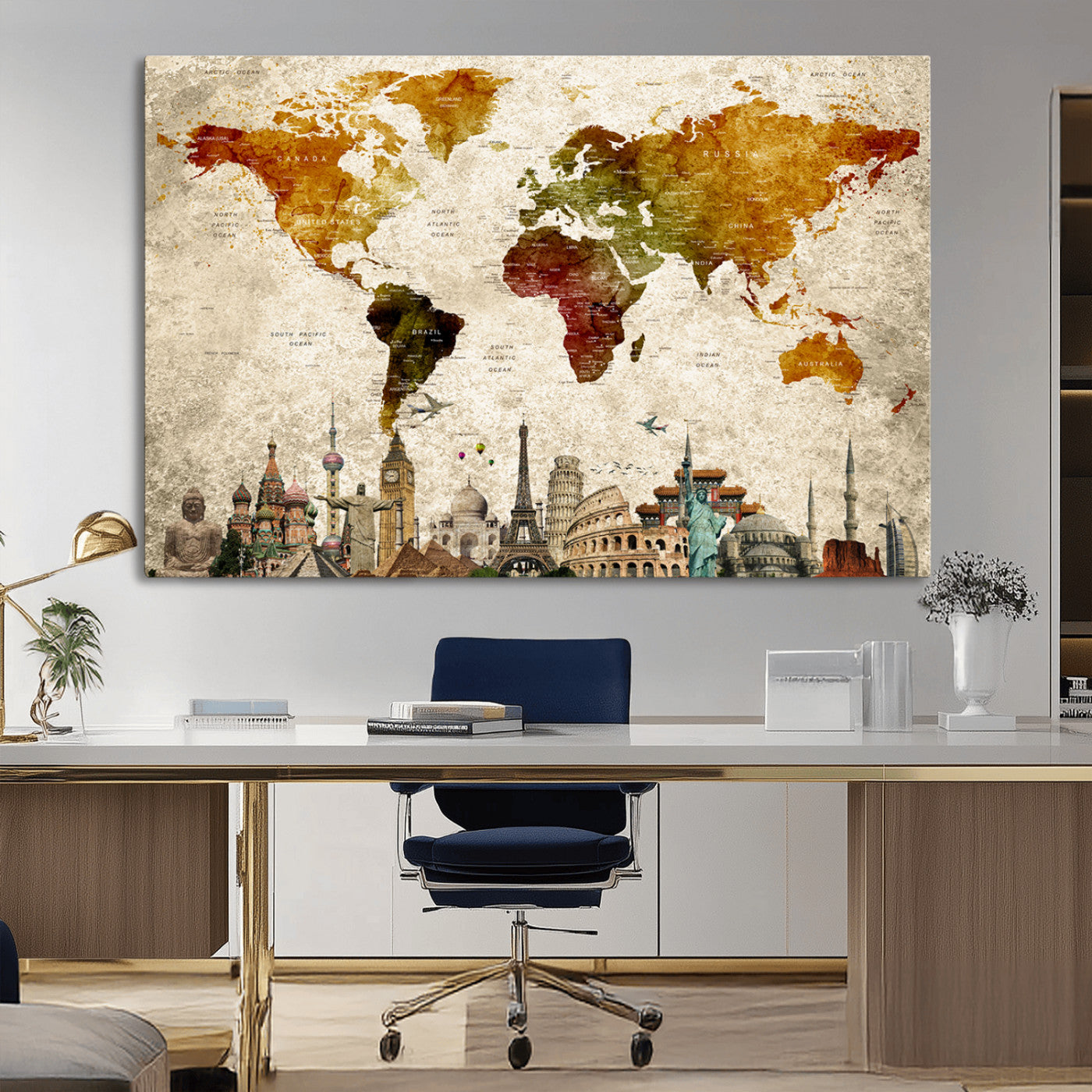 MGV-CV-36X24 - Push Pin World Map Canvas Print – Framed Wall Art for Couples to Track Their Travels – Anniversary
