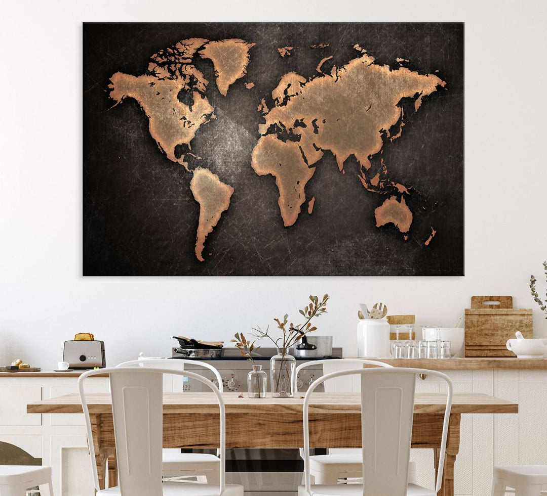 Maroon World Map Wall Art: Copper continents on a grunge-stained canvas, ideal for enhancing your decor.