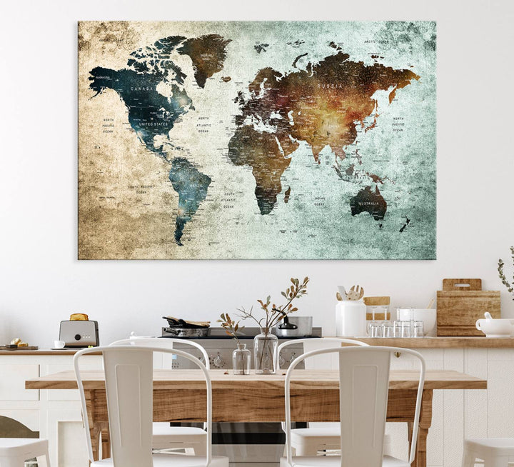 The Push Pin World Map Canvas Print serves as an ideal piece of wall art for travel lovers, showcasing vibrant colors and intricate details.