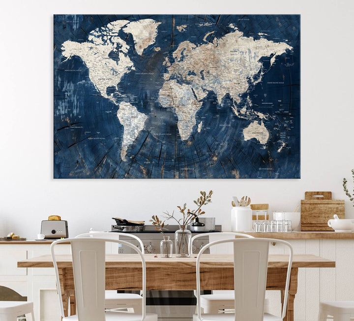 Rustic World Map Wall Art Canvas Print | Large World Map on Wood Texture, Vintage Blue World Map Print