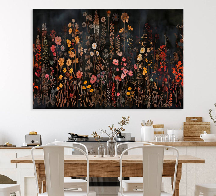 A large wildflower painting print on canvas featuring a colorful floral illustration, perfect as botanical decor for a stylish home.