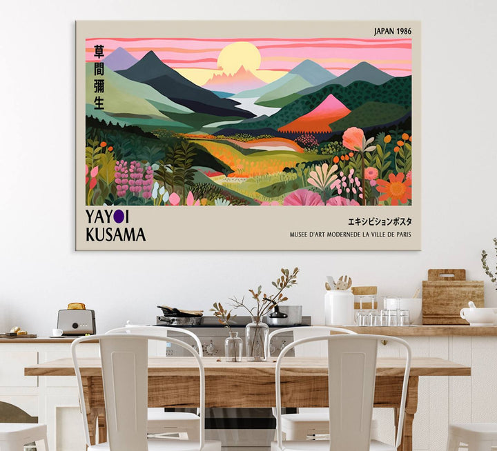 Vibrant abstract landscape canvas with mountains and fields, titled Yayoi Kusama 1986 Wall Art Print.