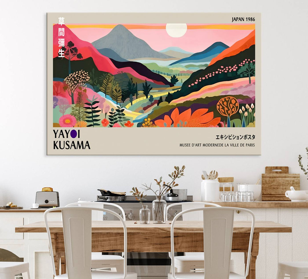 Vibrant abstract landscape canvas inspired by Yayoi Kusama, featuring mountains, trees, and flowers in a triptych style.