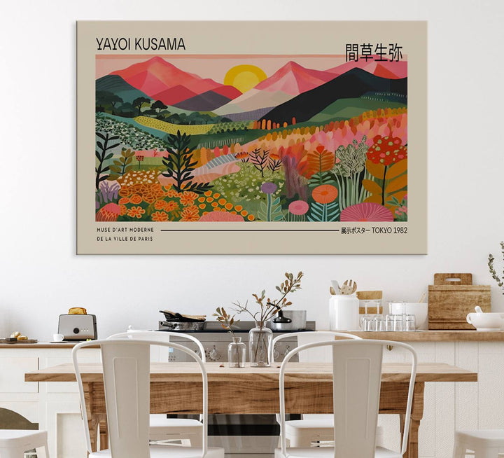 A vibrant abstract triptych features mountains, a sun, and plants in Yayoi Kusamas style with Japanese and French text included.