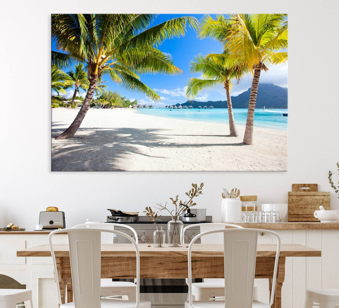 Blue Beach and Sea Wall Art Canvas Print: showcases a tropical scene with palm trees, white sand, and turquoise water.