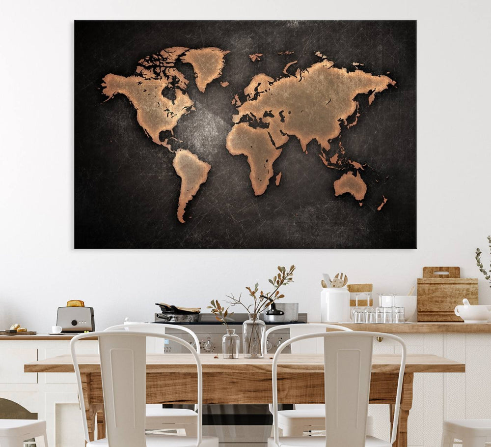 The Modern World Map on a metallic black canvas creates a striking effect.