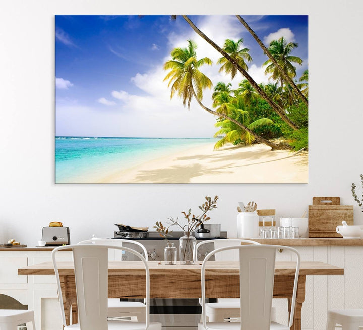 Tropical Beach Canvas: Palm Trees & White Sand Shore Decor, Vibrant Coastal Print, Ready to Hang.