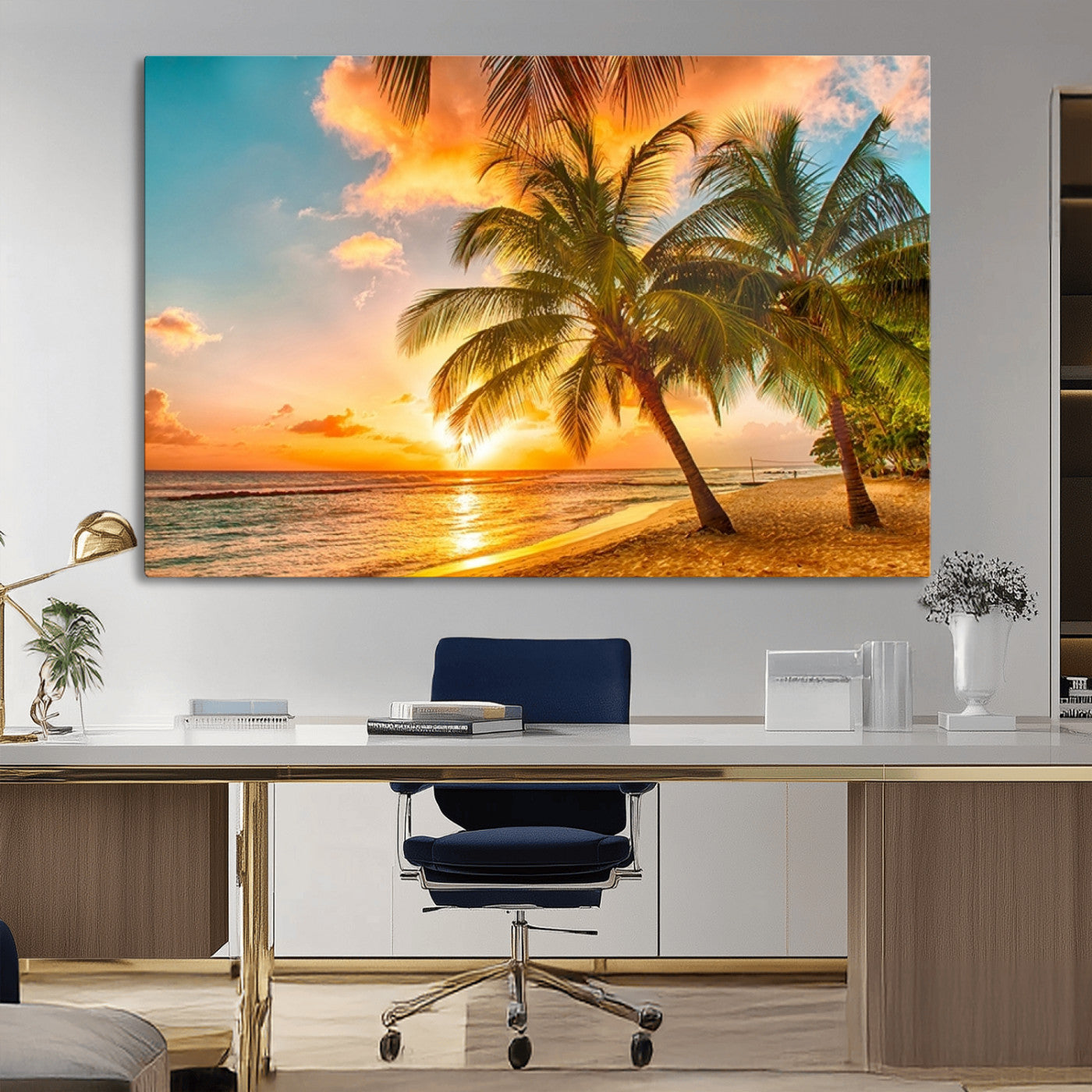 MGV-CV-36X24 - Tropical Sunset Beach Canvas Wall Art Print – Vibrant Palm Trees and Coastal Sunset Wall Decor for