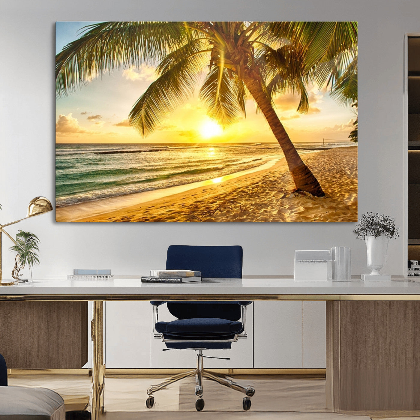 MGV-CV-36X24 - Beach Sunset Canvas Wall Art Print - Tropical Beach Canvas Wall Art Print – Vibrant Palm Trees and