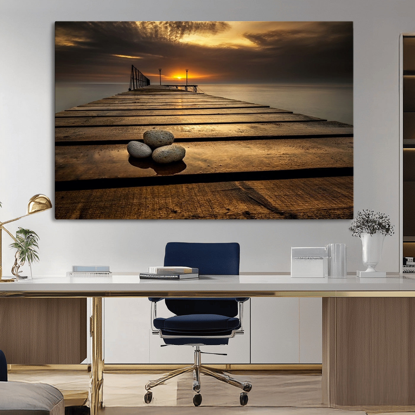 MGV-CV-36X24 - Stones on Wooden Pier at Sunset Canvas Print, Serene Coastal Wall Art, Beach Sunset Photography,