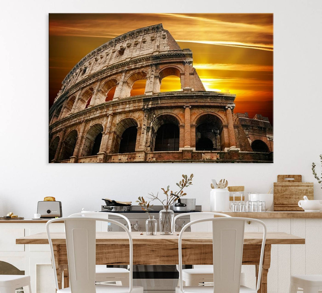 On the wall, theres a piece of art titled Colosseum with Yellow Sunset Behind, Italy.