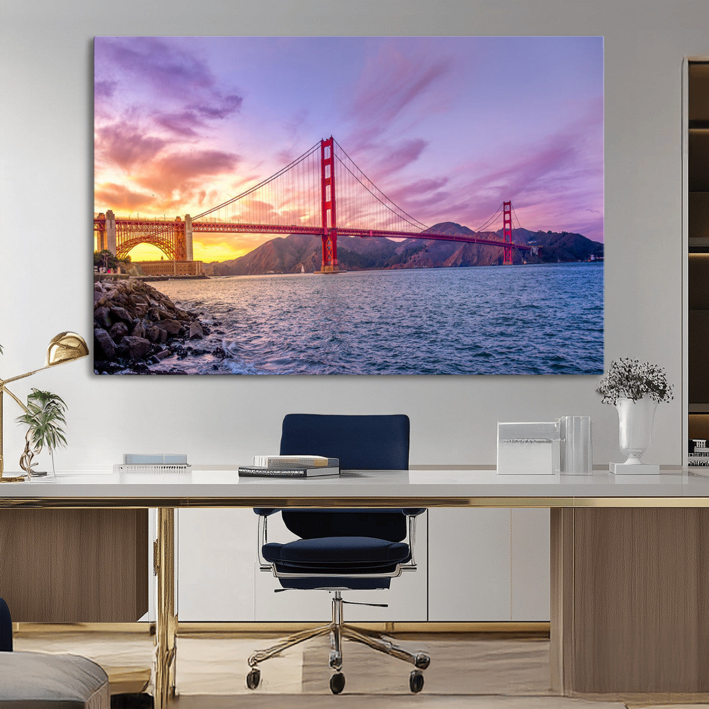 MGV-CV-36X24 - Golden Gate Bridge Wall Art Print, San Francisco Sunset Canvas Wall Art, Cityscape Canvas Print for