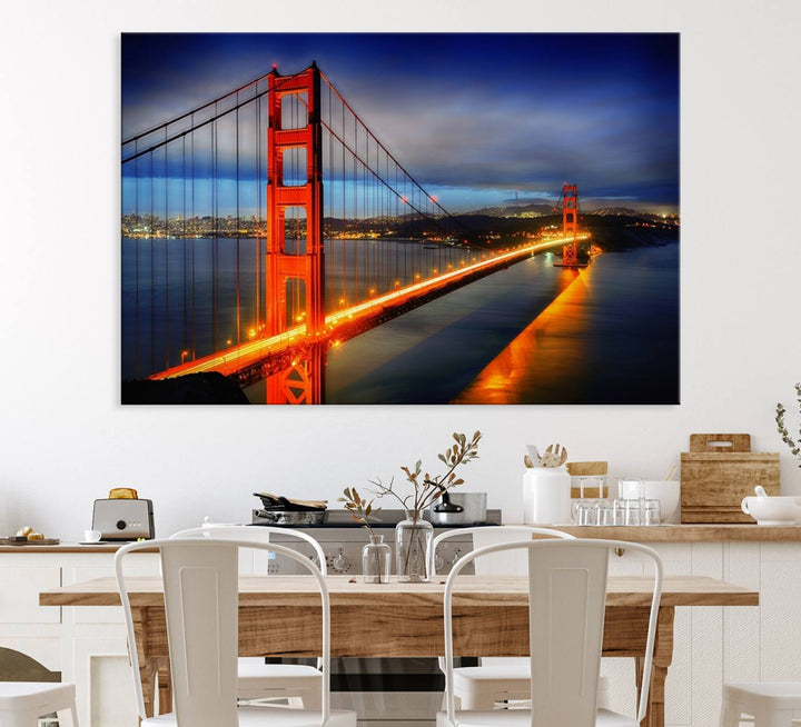 A large wall art San Francisco canvas print of the Golden Gate Bridge at twilight is displayed on a porch.