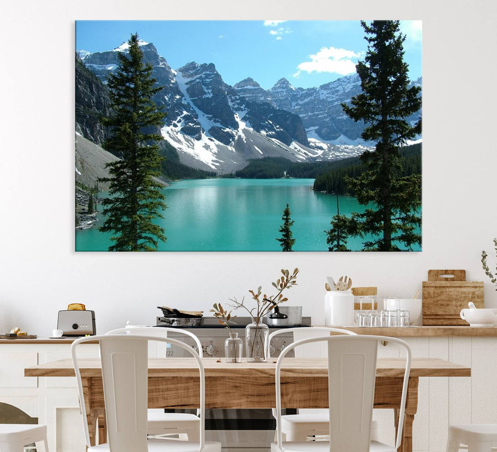 Canadian Rockies Moraine Lake Landscape Canvas Print showcasing a turquoise lake and mountain view.