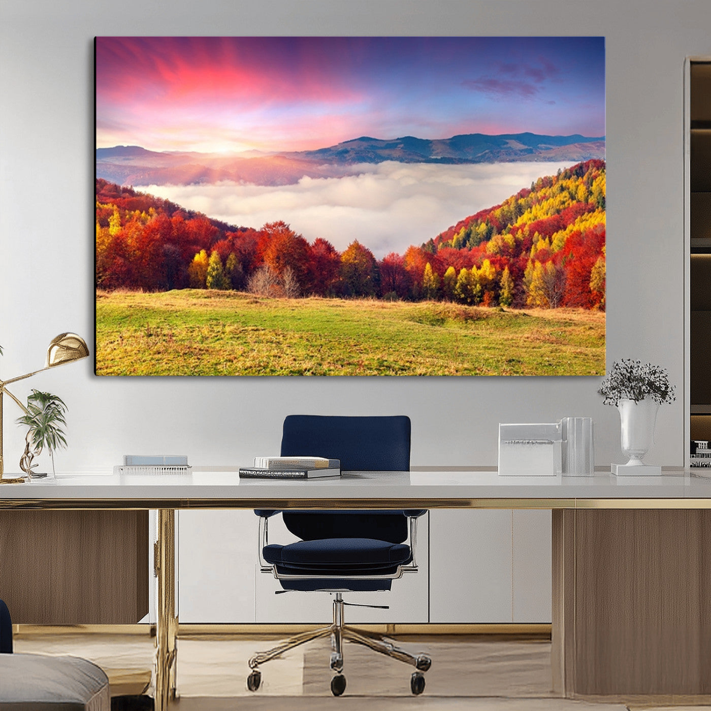 MGV-CV-36X24 - Autumn Mountain Foggy Landscape Wall Art Canvas Print | Beautiful Forest Canvas Print | Misty