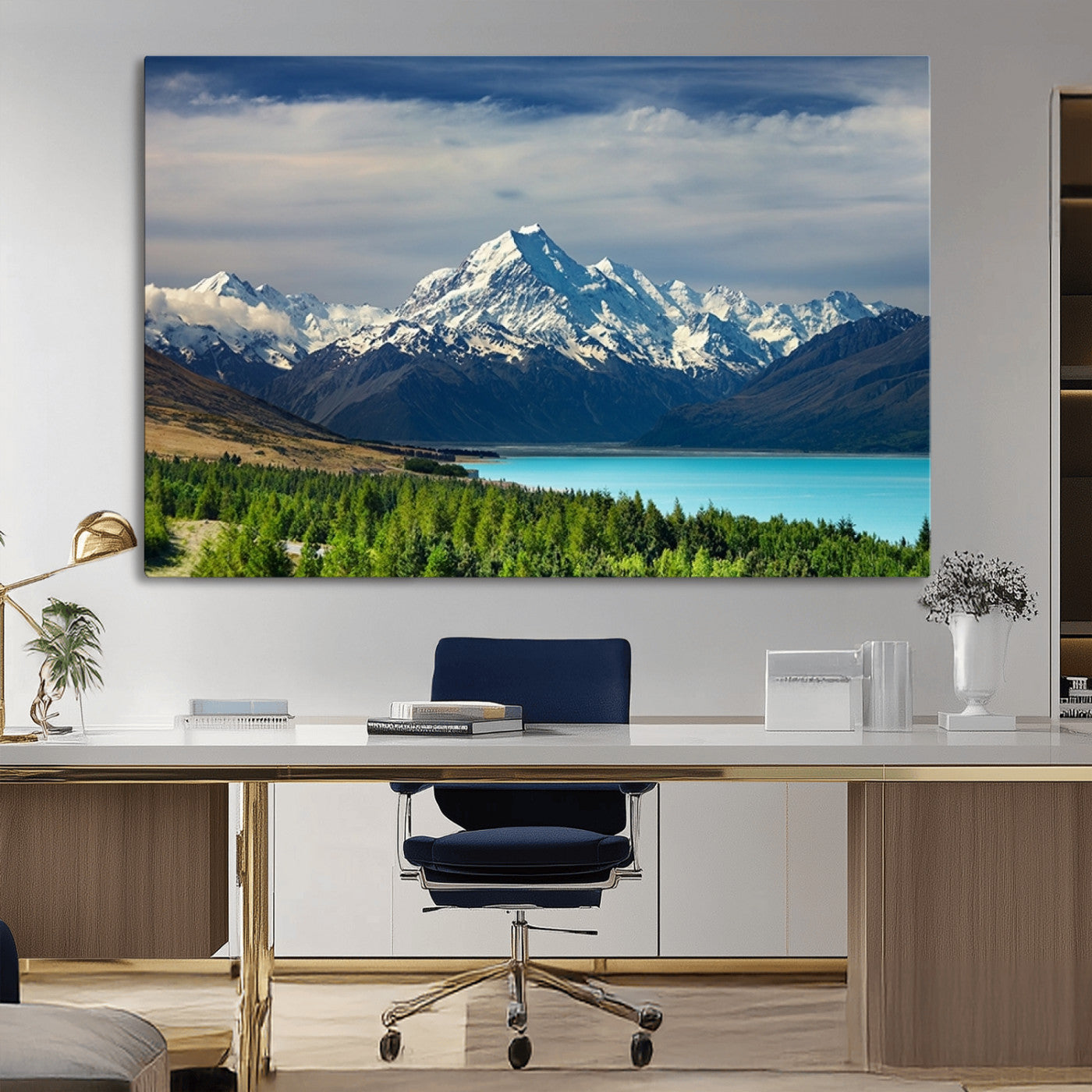 MGV-CV-36X24 - Mount Cook and Lake Pukaki Canvas Wall Art Print – Majestic Snow-Capped Peaks and Serene Lake Wall