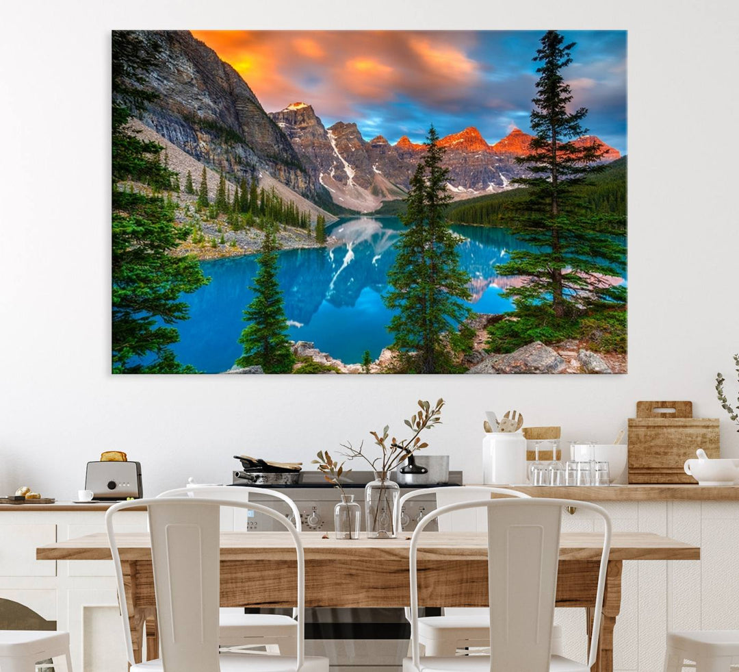 A kitchen featuring a Canadian Rockies Moraine Lake Wall Art Canvas Print displayed on the wall.