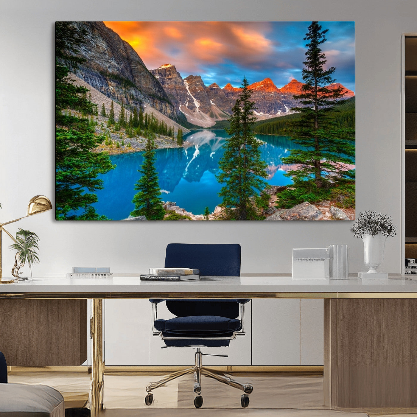 MGV-CV-36X24 - Canadian Rockies Moraine Lake Wall Art Canvas Print, Pine Trees Mountain Spring Canvas Print