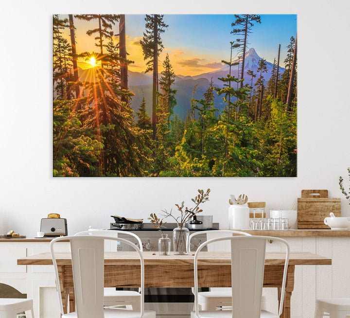 The kitchen features a Red Leaves on Trees landscape canvas print, perfect for nature lovers.