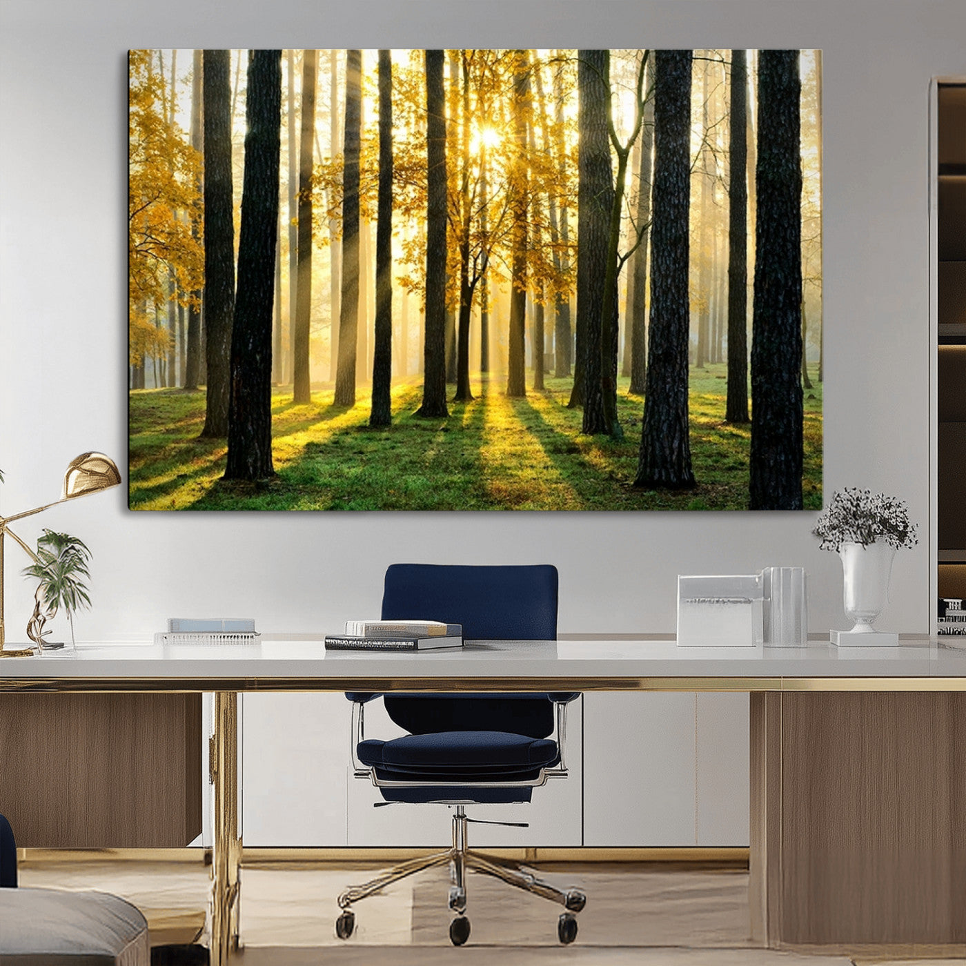 MGV-CV-36X24 - Sunlit Forest Canvas Wall Art – Serene Woodland Triptych Landscape Print – Nature-Inspired Decor for