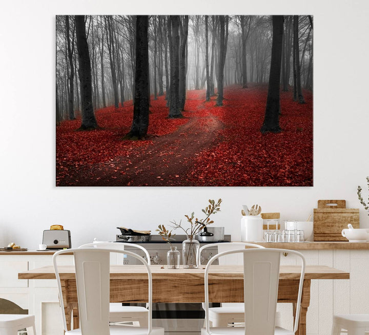 Wonderful Forest artwork: Triptych with red leaves, ideal for nature lovers.