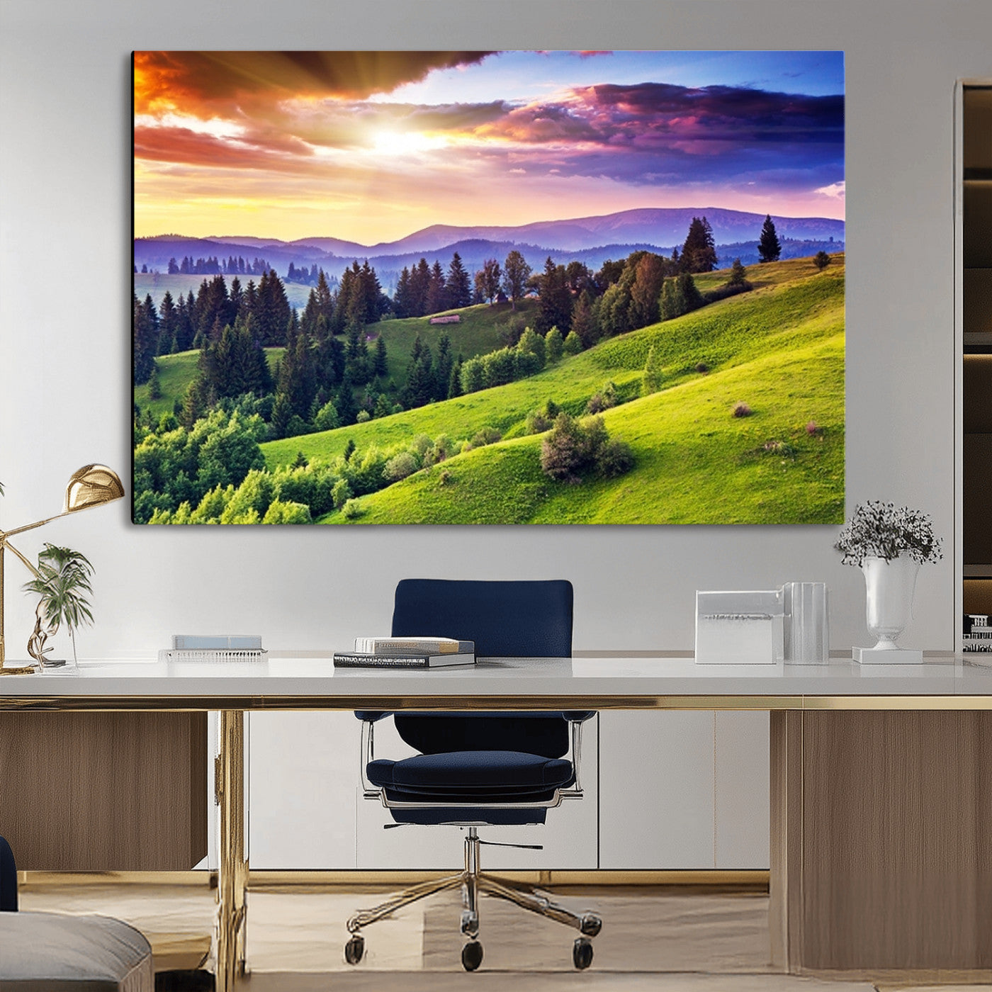 MGV-CV-36X24 - Green Hills and Sunset Wall Art Print - Scenic Landscape with Lush Greenery and Vibrant Sky, Ready
