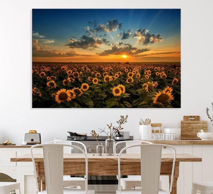 The dining area features the Sunflower Field Sunset Wall Art Canvas Print.