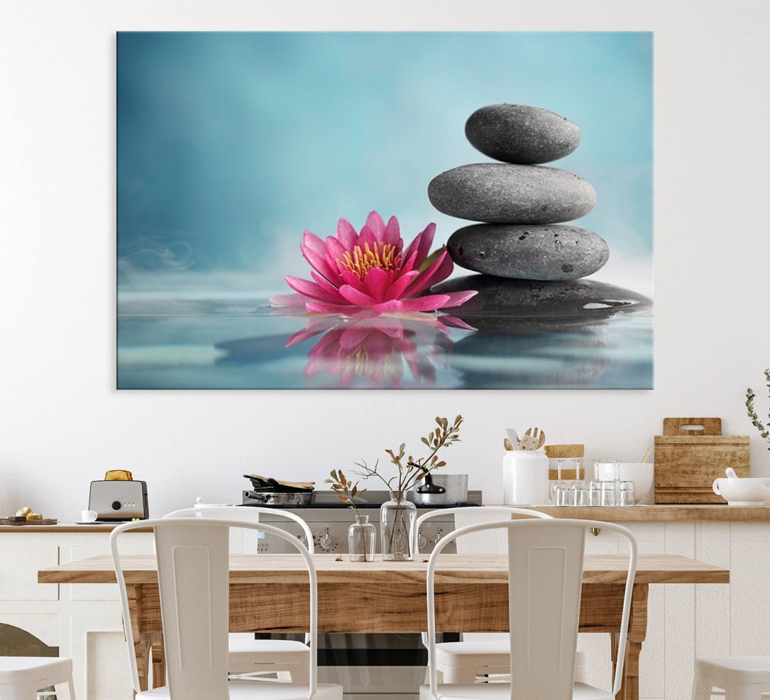 The dining room features a Zen Serenity Triptych wall art, showcasing a calming depiction of lotus flowers and balancing stones.